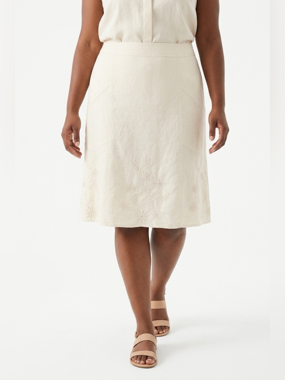 Embroidered A-Line Linen Skirt in Cream